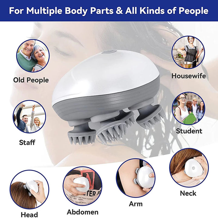 NNEDSZ Silver Mini Electric Head Massager - Portable 3D Massage Device, Waterproof, Multifunctional Relaxation & Pet Care, Rechargeable, 6 Techniques & 3 Modes, Compact Design