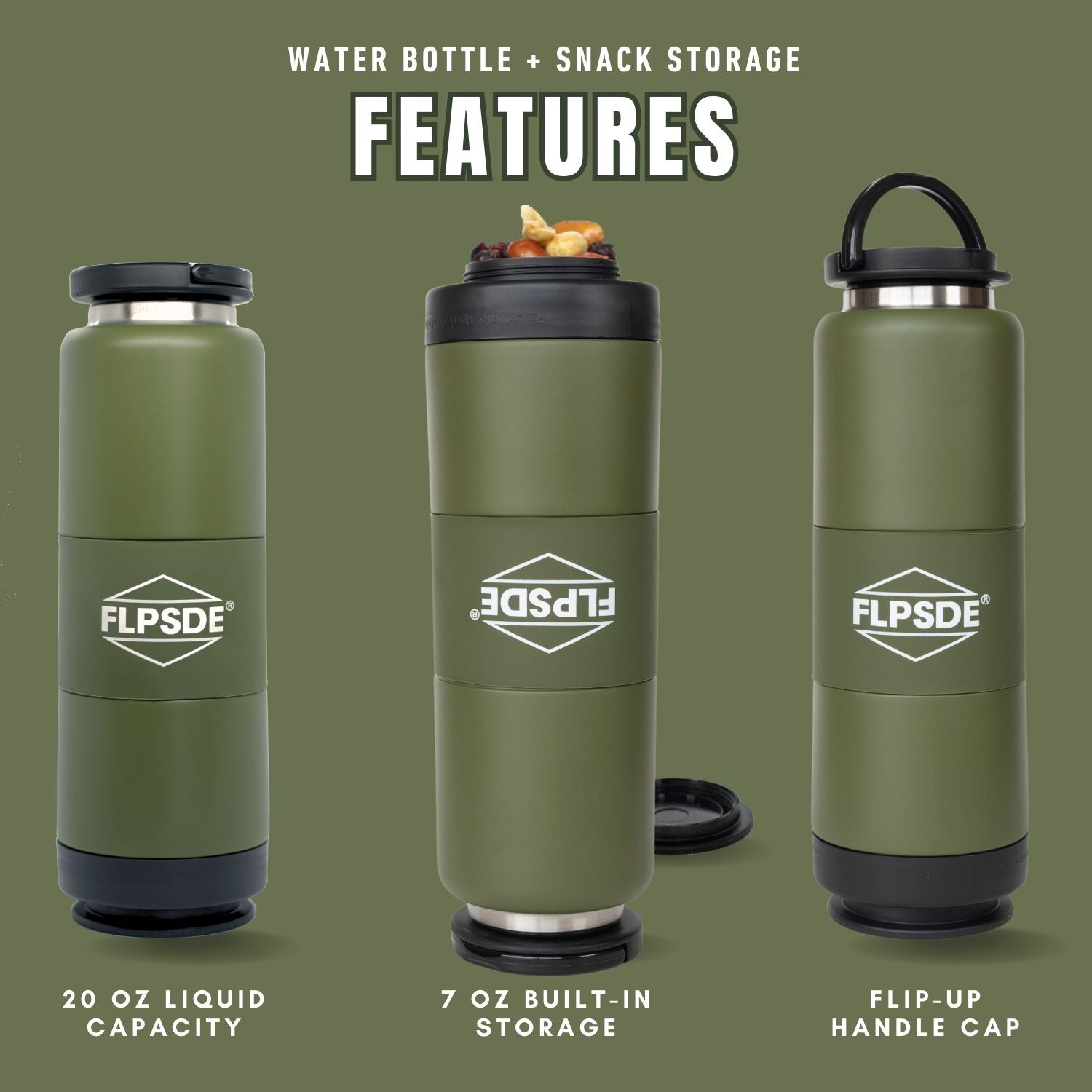 FLPSDE Dual Chamber Water Bottle with Snack Storage